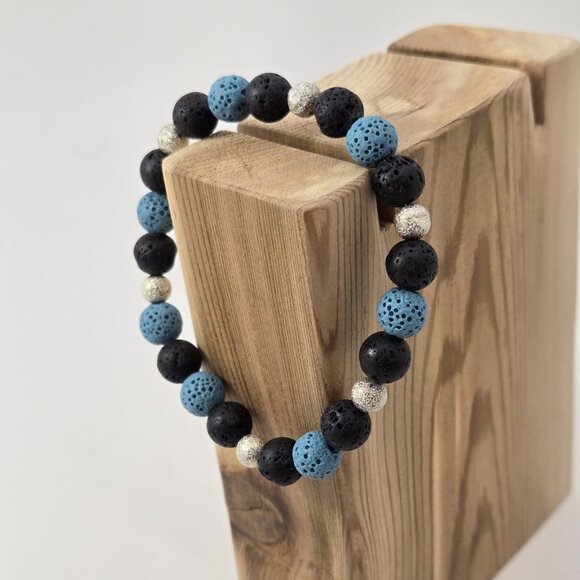 Black and Blue 8mm Lava Stone Bracelet with 6mm Silver Star Burst Spacer Beads - Picture 4 of 7